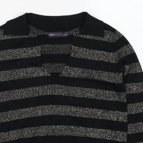 Marks and Spencer Womens Black Collared Striped Viscose Pullover Jumper Size S