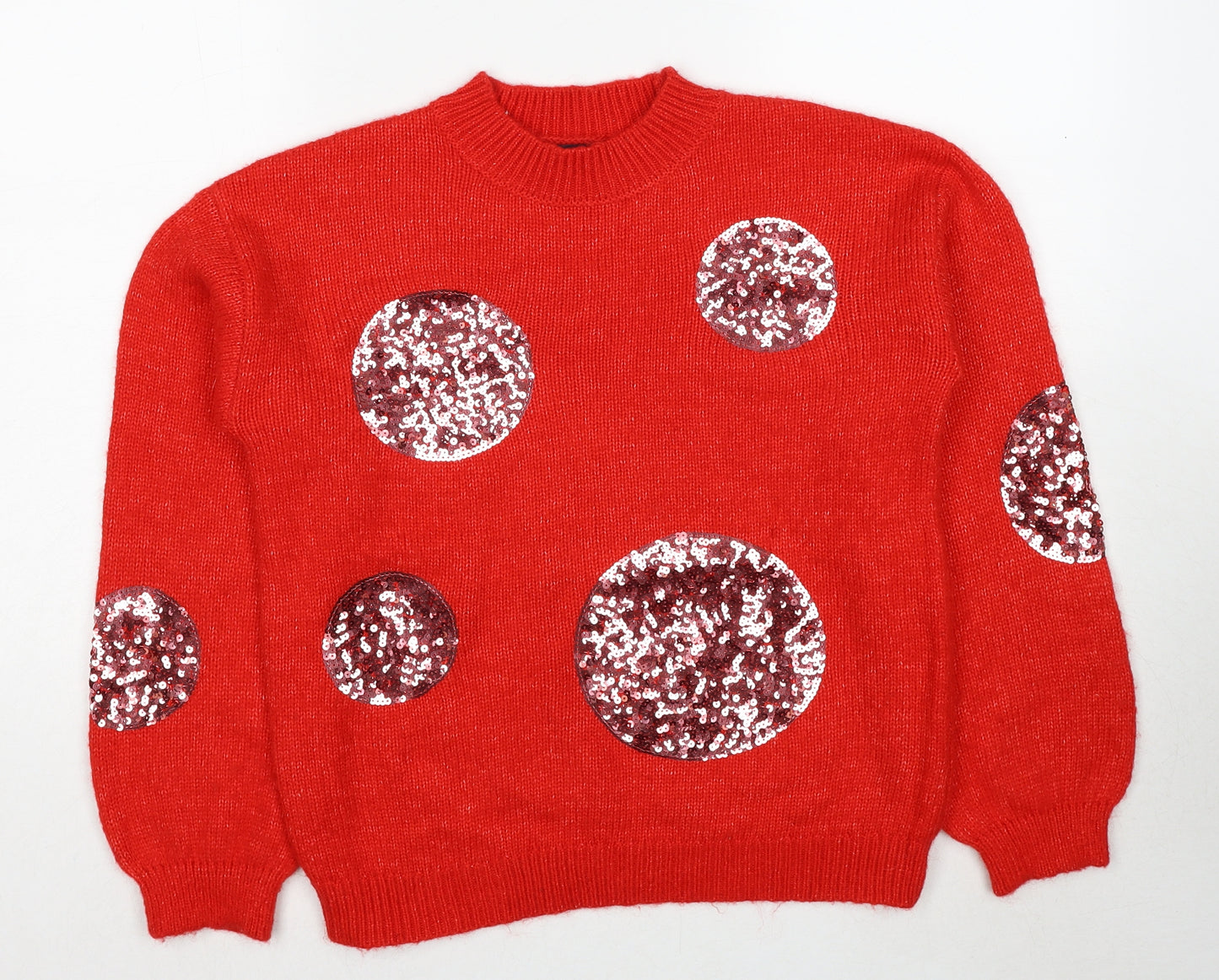 Marks and Spencer Womens Red Round Neck Geometric Acrylic Pullover Jumper Size S