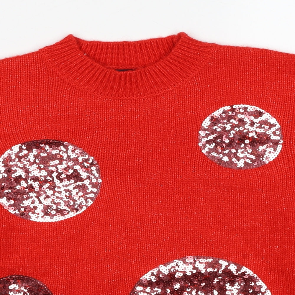 Marks and Spencer Womens Red Round Neck Geometric Acrylic Pullover Jumper Size S