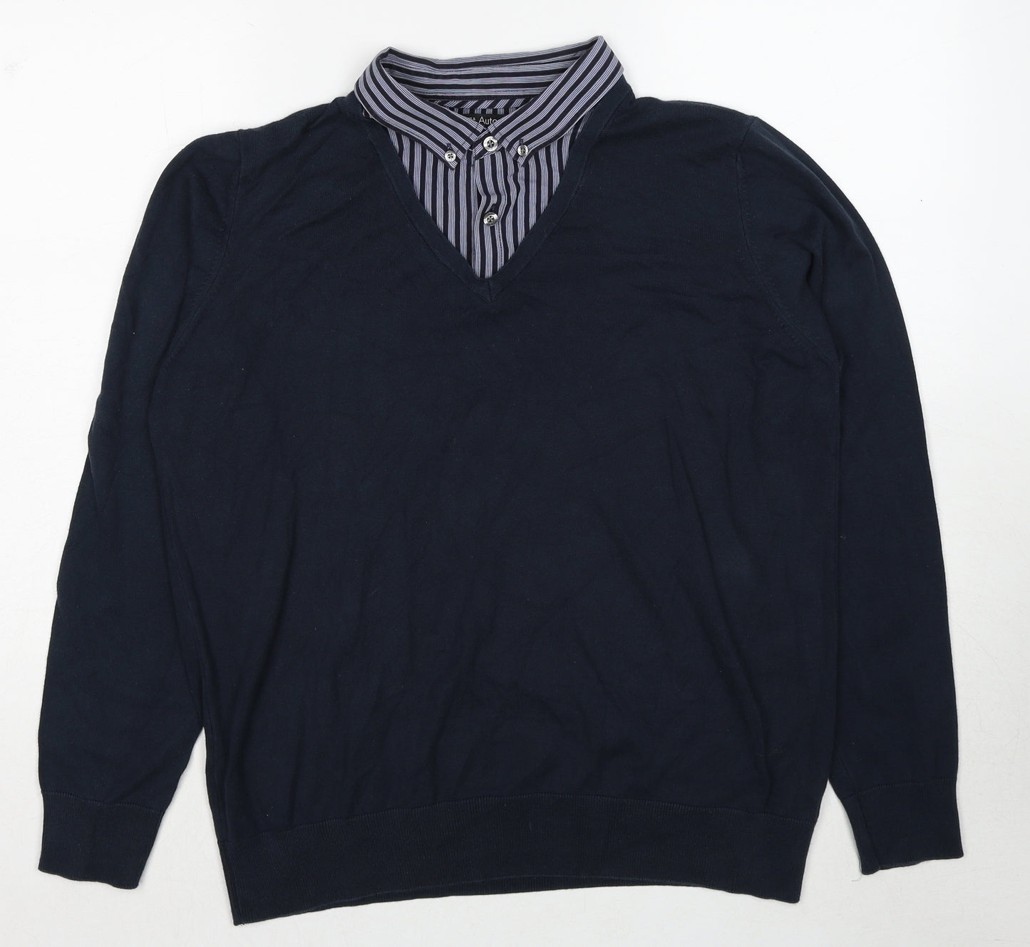 Autograph Mens Blue V-Neck Cotton Pullover Jumper Size L Long Sleeve - Shirt Collar Insert