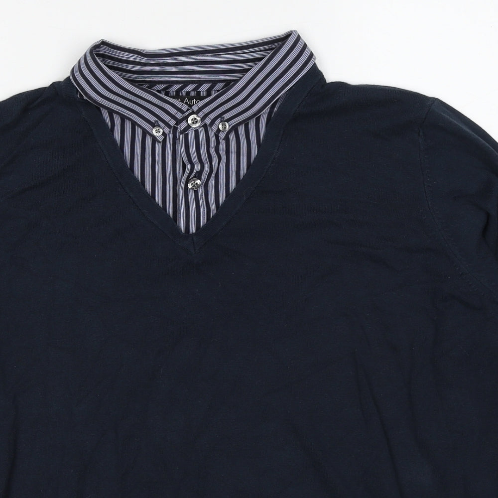 Autograph Mens Blue V-Neck Cotton Pullover Jumper Size L Long Sleeve - Shirt Collar Insert