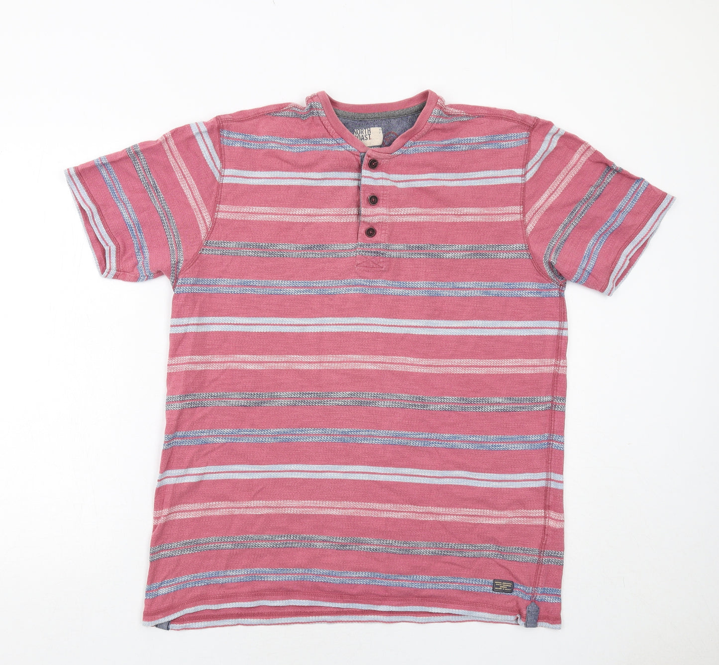 Marks and Spencer Mens Red Striped Cotton T-Shirt Size M Round Neck