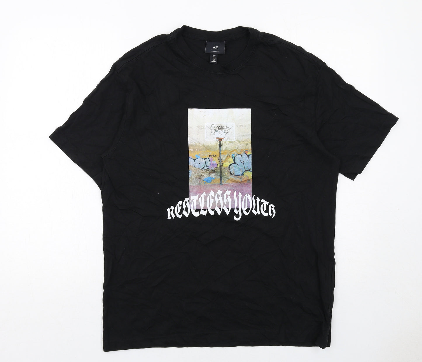 H&M Mens Black Cotton T-Shirt Size M Round Neck - Restless Youth
