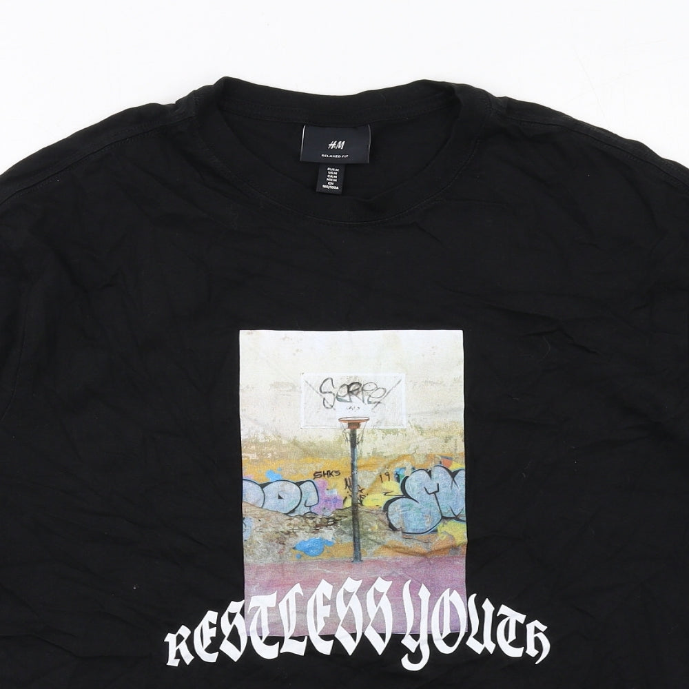 H&M Mens Black Cotton T-Shirt Size M Round Neck - Restless Youth