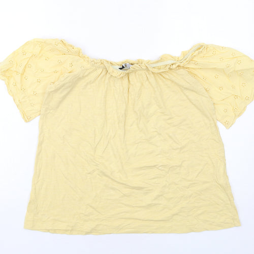Dorothy Perkins Womens Yellow Cotton Basic Blouse Size M Round Neck - Broderie Anglaise Detail