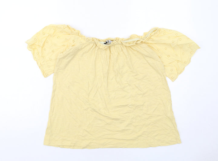 Dorothy Perkins Womens Yellow Cotton Basic Blouse Size M Round Neck - Broderie Anglaise Detail