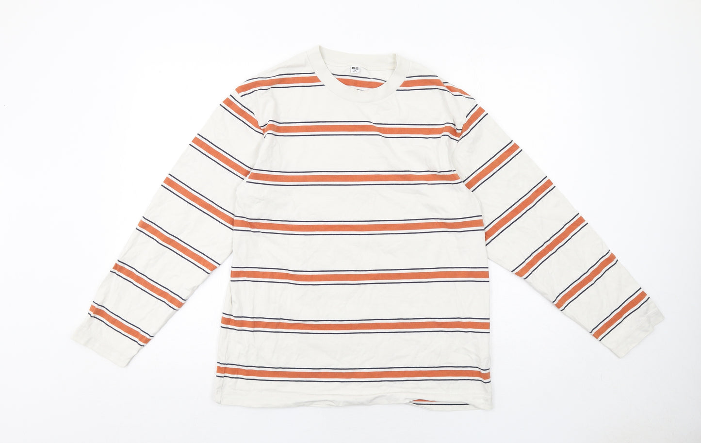 Uniqlo Womens White Striped Cotton Basic T-Shirt Size M Round Neck