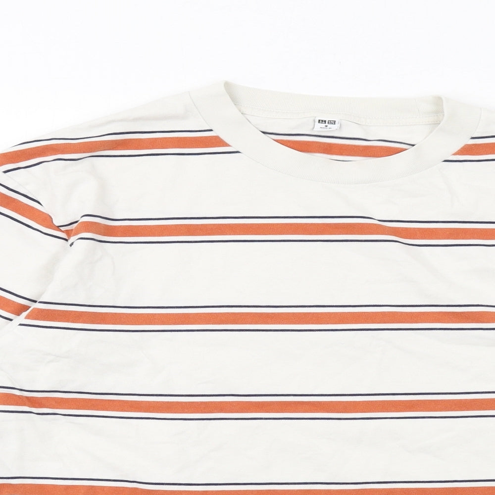 Uniqlo Womens White Striped Cotton Basic T-Shirt Size M Round Neck