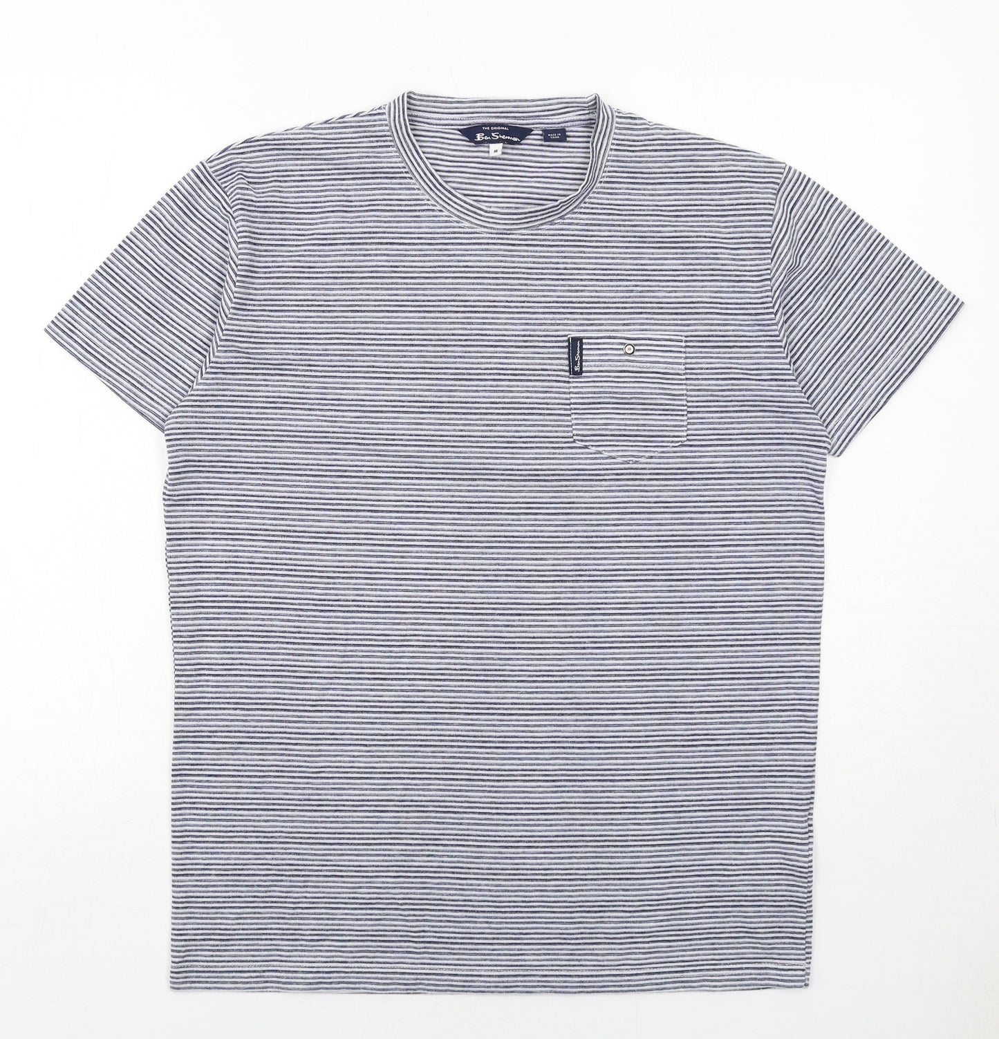 Ben Sherman Mens Blue Striped Polyester T-Shirt Size M Round Neck