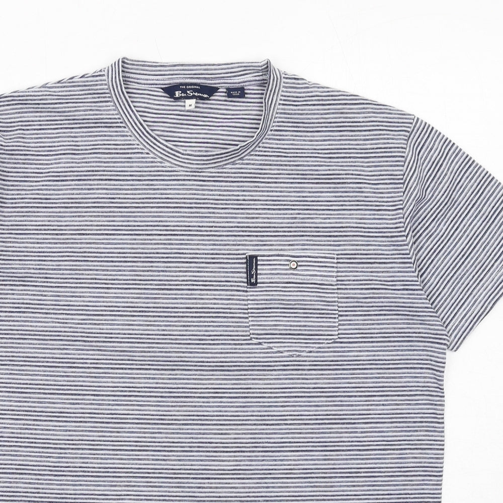 Ben Sherman Mens Blue Striped Polyester T-Shirt Size M Round Neck