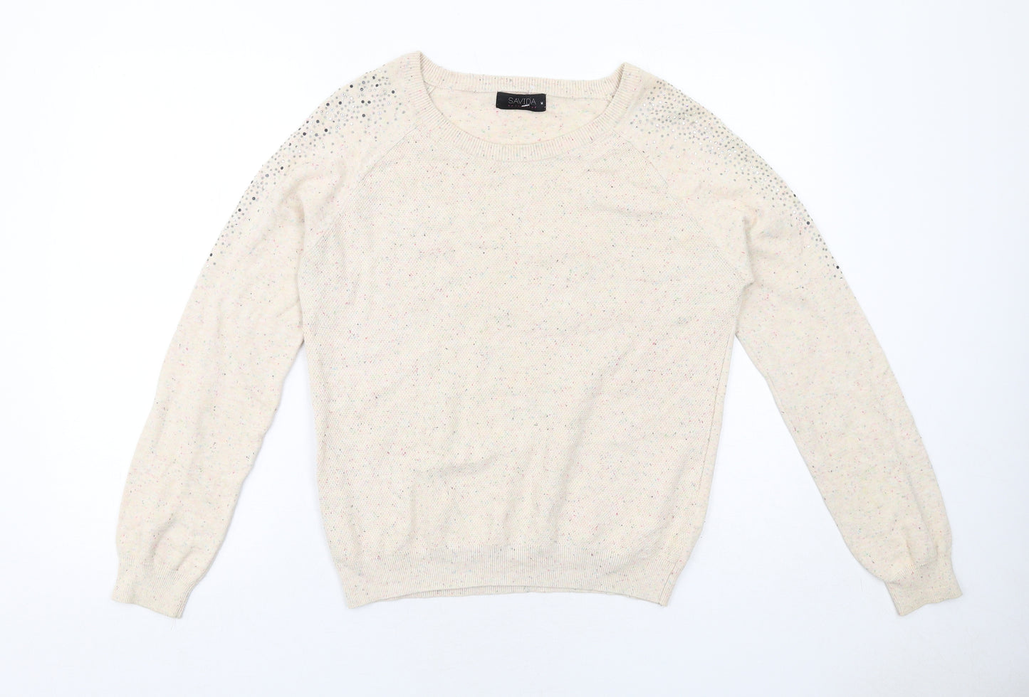 Savida Womens Ivory Round Neck Cotton Pullover Jumper Size M