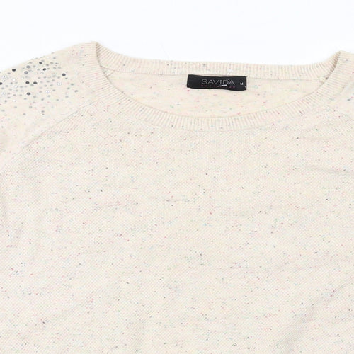 Savida Womens Ivory Round Neck Cotton Pullover Jumper Size M