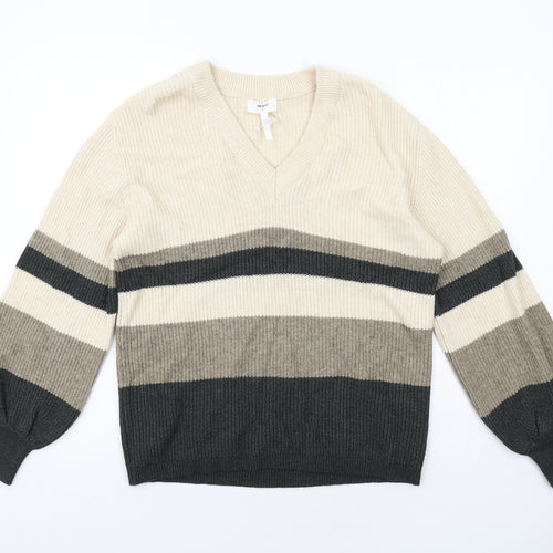 OBJECT Womens Beige V-Neck Geometric Viscose Pullover Jumper Size S - Colourblock