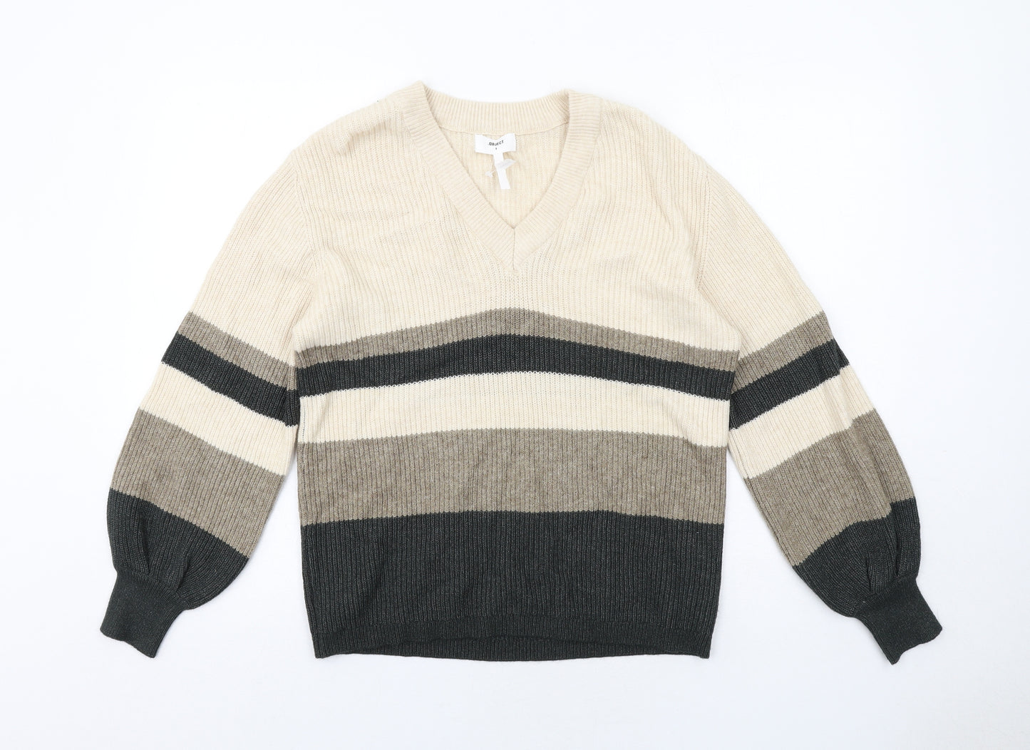 OBJECT Womens Beige V-Neck Geometric Viscose Pullover Jumper Size S - Colourblock