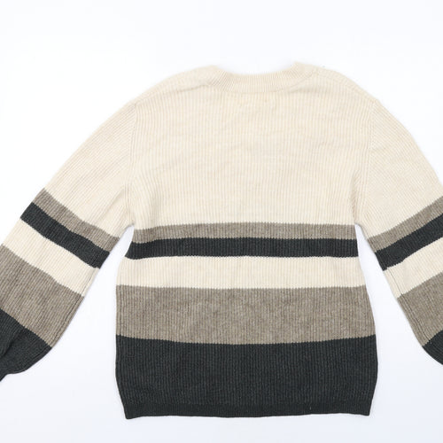 OBJECT Womens Beige V-Neck Geometric Viscose Pullover Jumper Size S - Colourblock