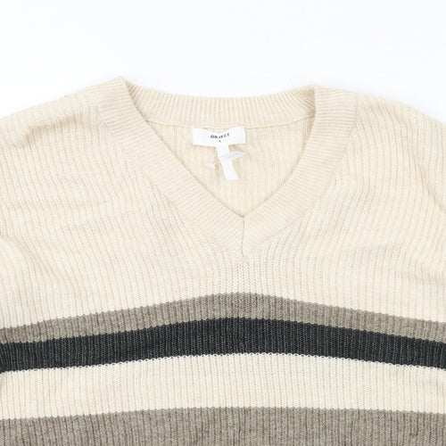 OBJECT Womens Beige V-Neck Geometric Viscose Pullover Jumper Size S - Colourblock