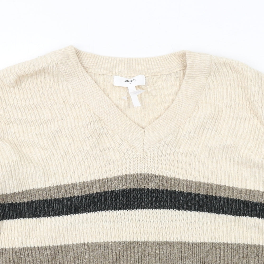 OBJECT Womens Beige V-Neck Geometric Viscose Pullover Jumper Size S - Colourblock