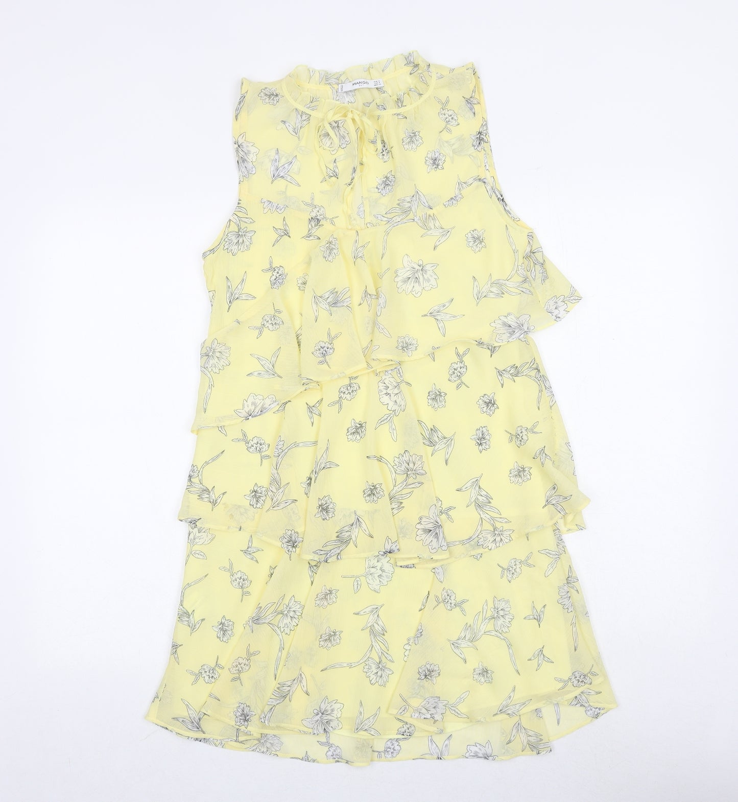 Mango Womens Yellow Floral Polyester A-Line Size S Mock Neck Tie