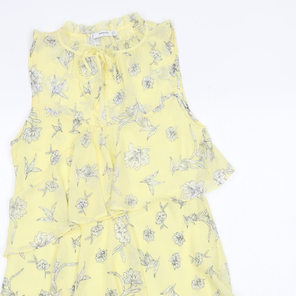 Mango Womens Yellow Floral Polyester A-Line Size S Mock Neck Tie