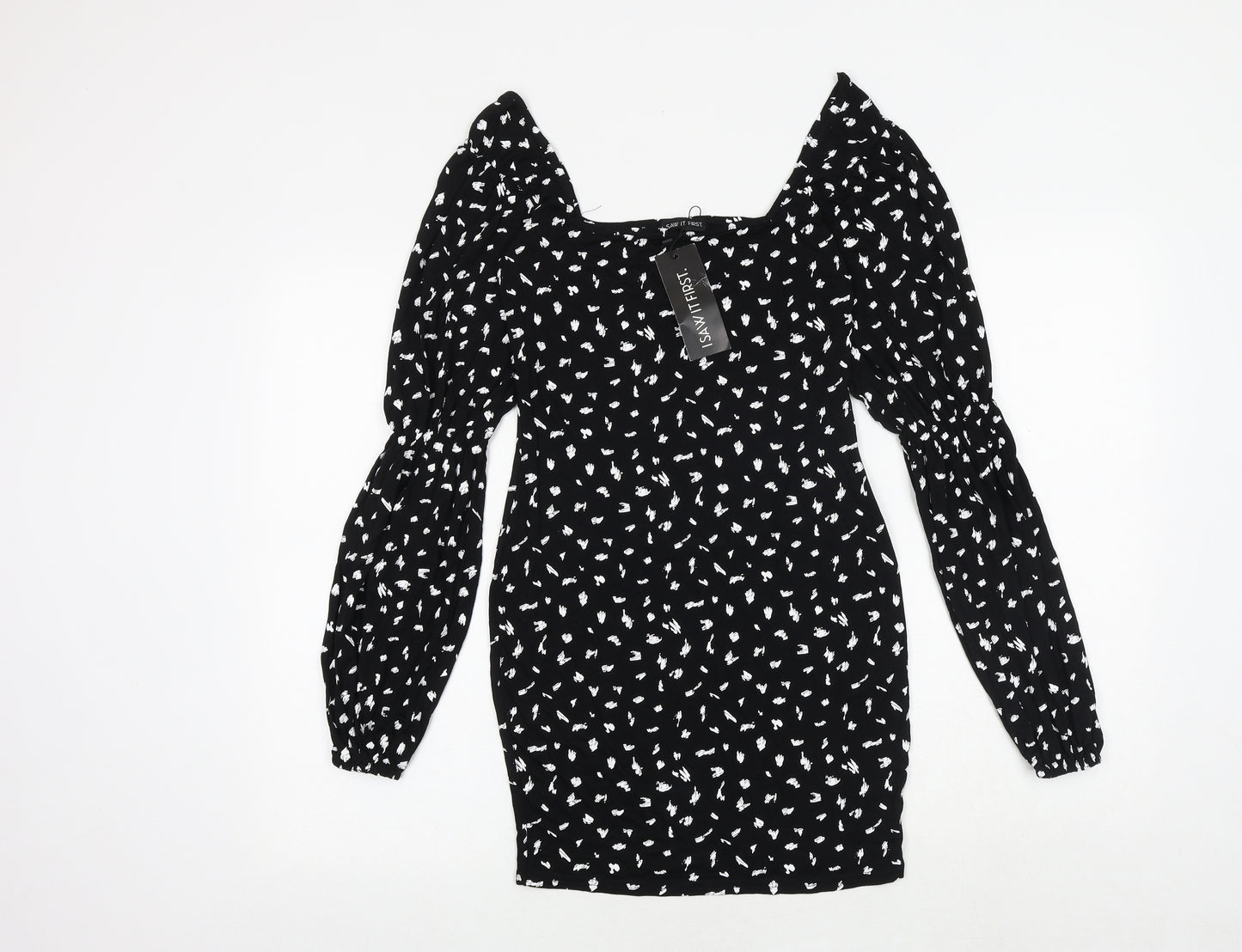 I SAW IT FIRST Womens Black Geometric Viscose Bodycon Size 10 Square Neck Pullover
