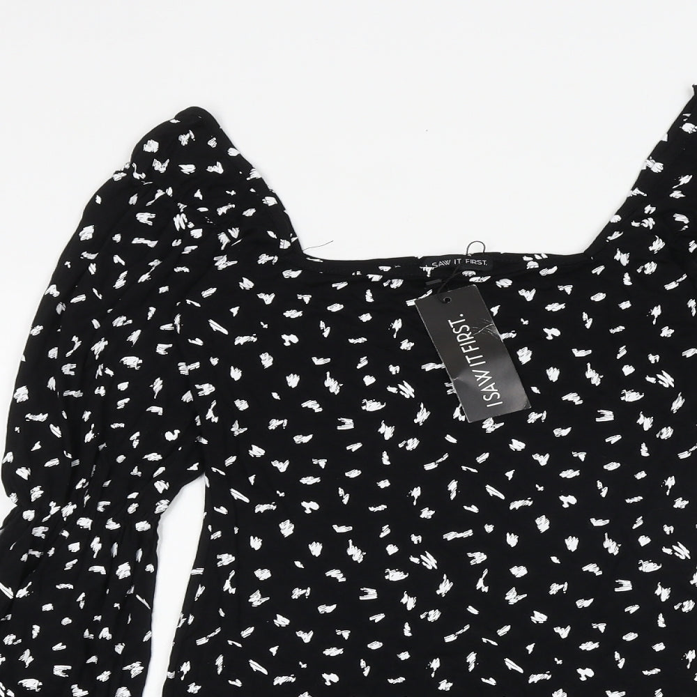 I SAW IT FIRST Womens Black Geometric Viscose Bodycon Size 10 Square Neck Pullover