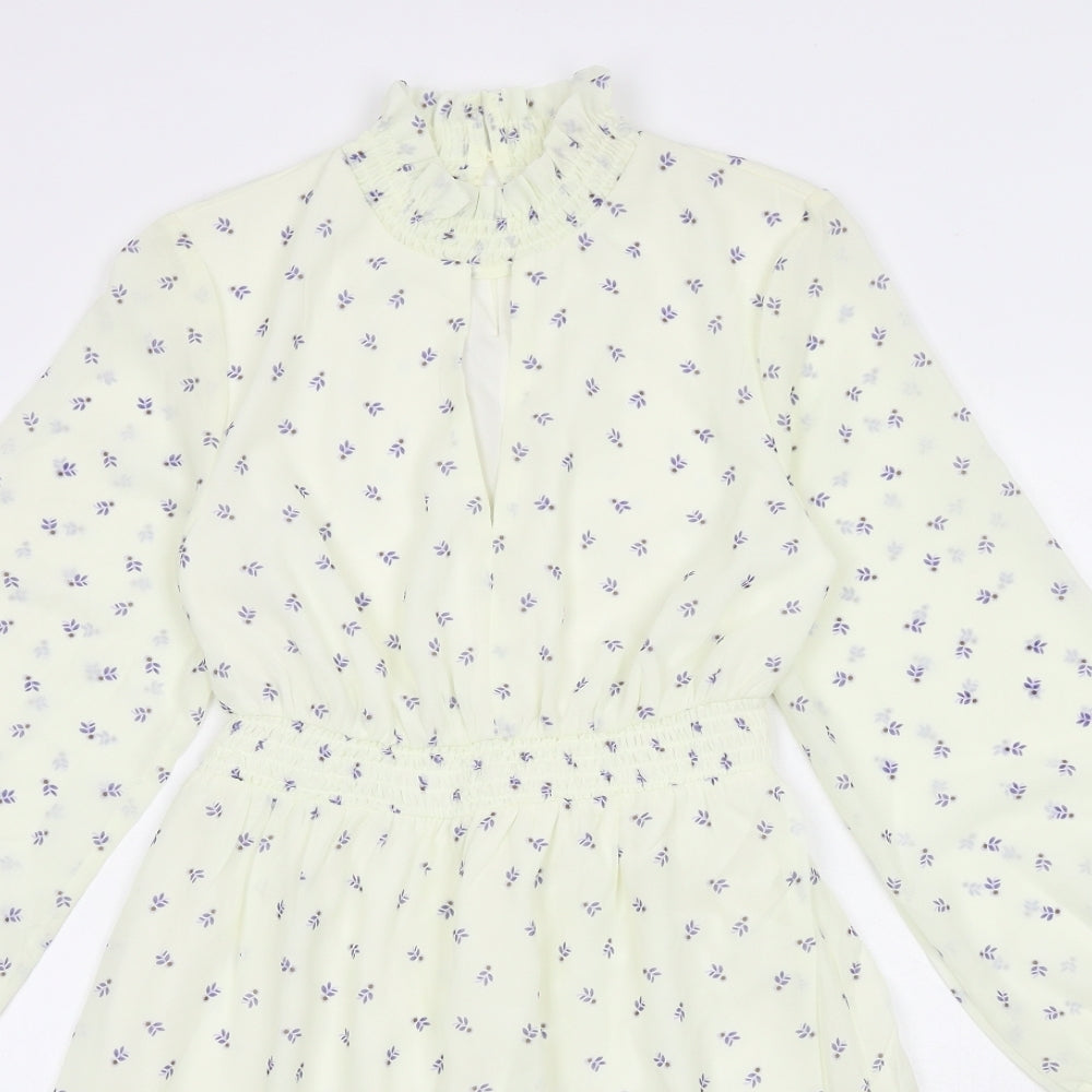 Rebellious Womens Yellow Geometric Polyester Fit & Flare Size S Mock Neck Button