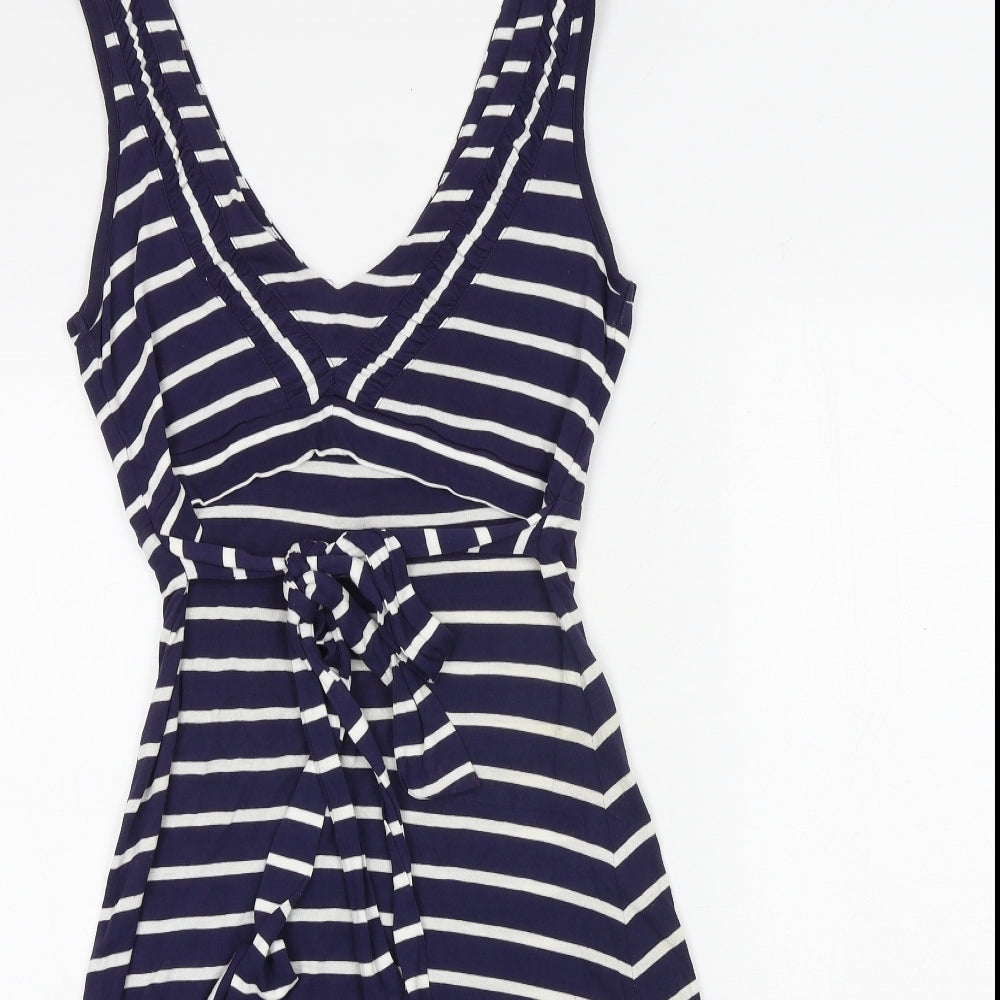 Fat Face Womens Blue Striped Viscose Fit & Flare Size 10 V-Neck Tie - Tie Front