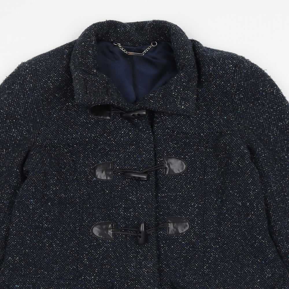 Laura Ashley Womens Blue Geometric Overcoat Coat Size 8 Hook & Loop