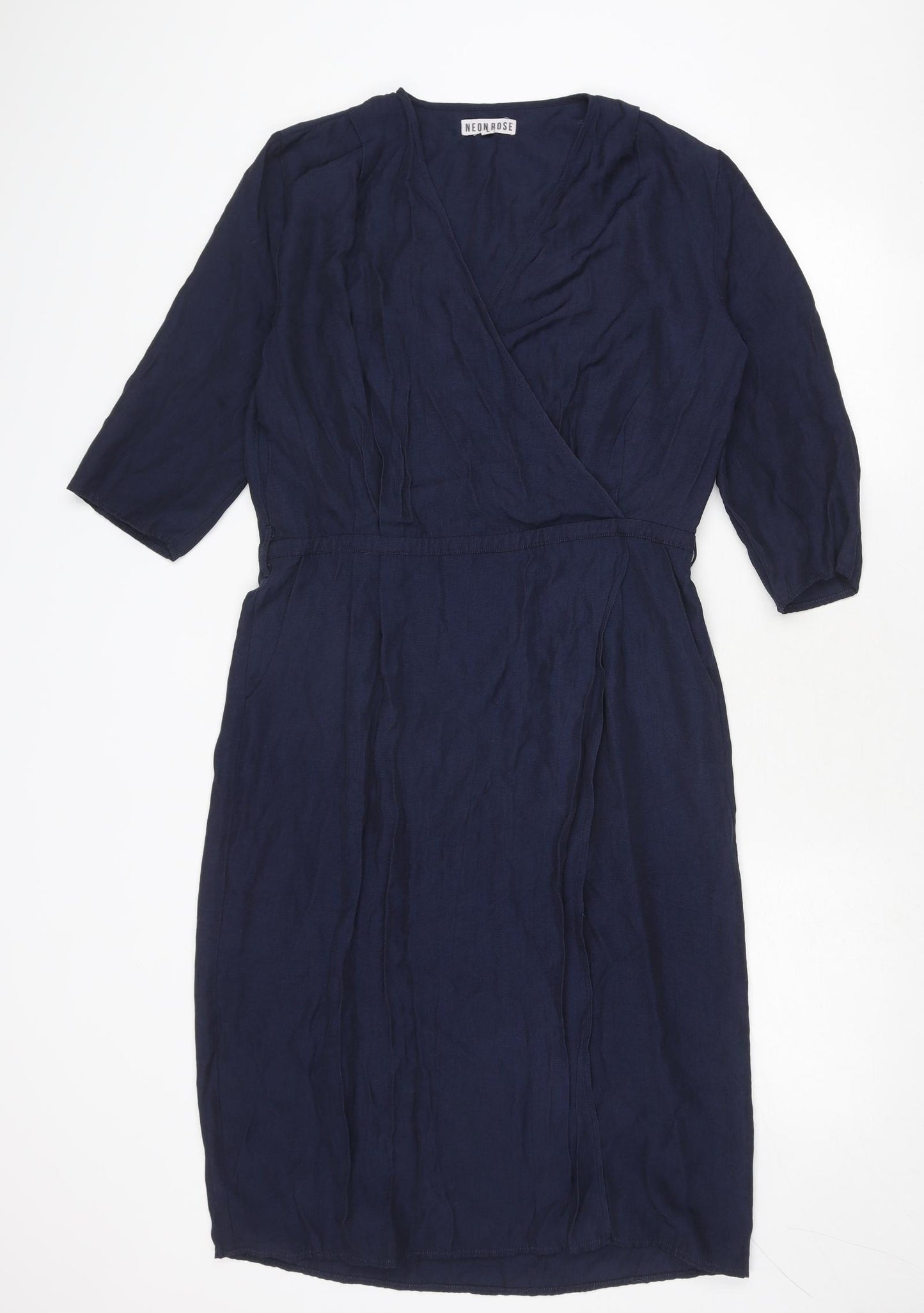 Neon Rose Womens Blue Viscose Sheath Size L V-Neck Zip - Wrap Front Detail