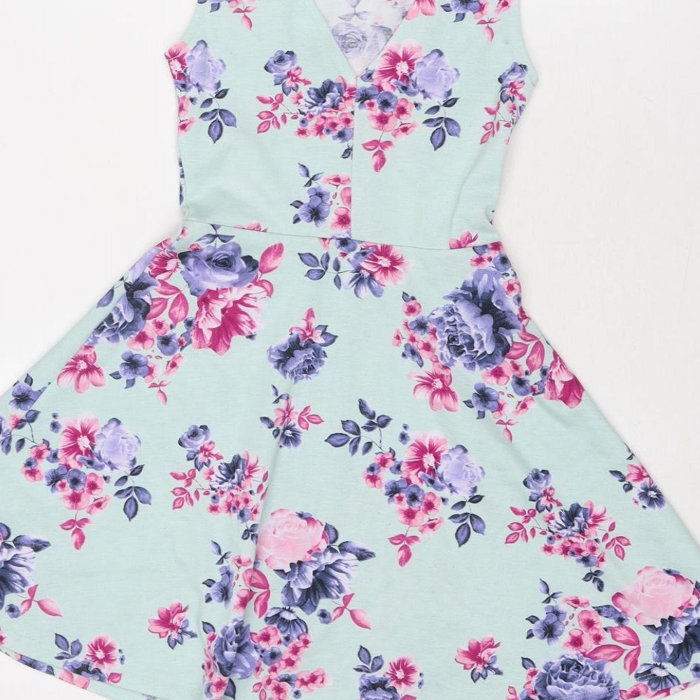 Divided by H&M Womens Blue Floral Polyester Fit & Flare Size 6 Boat Neck Pullover