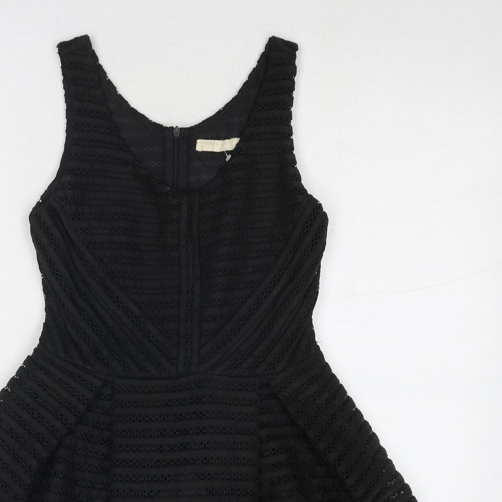 Vera & Lucy Womens Black Polyester Fit & Flare Size S Scoop Neck Zip - Textured