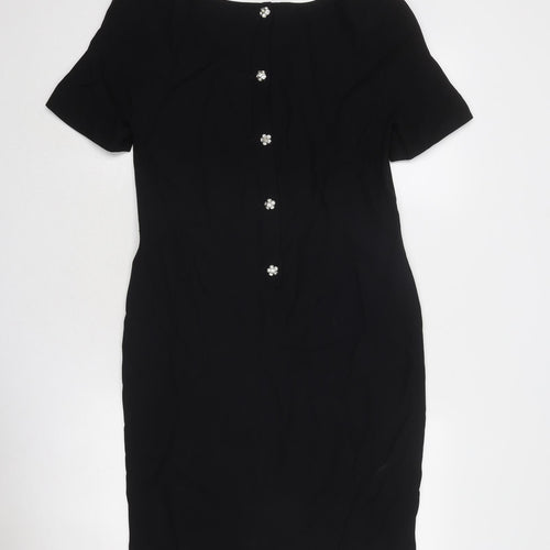Adrienne Vittadini Womens Black Acetate Sheath Size M Boat Neck Button