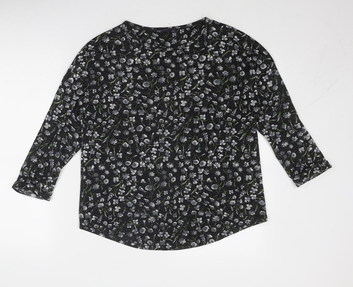 Marks and Spencer Womens Grey Floral Polyester Basic T-Shirt Size 12 Round Neck