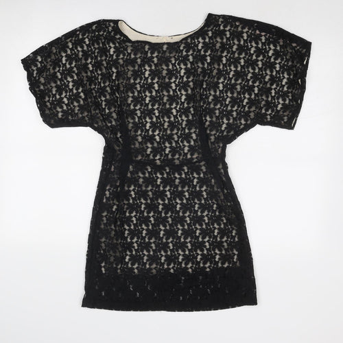 Topshop Womens Black Geometric Polyester Shift Size 10 Round Neck Button