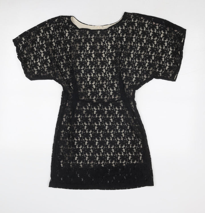 Topshop Womens Black Geometric Polyester Shift Size 10 Round Neck Button