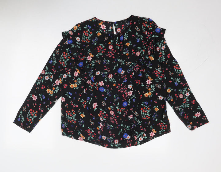 Simply Be Womens Black Floral Polyester Basic Blouse Size 14 Round Neck