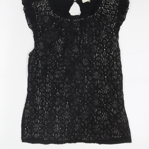Oasis Womens Black Geometric Cotton Basic Tank Size M Round Neck
