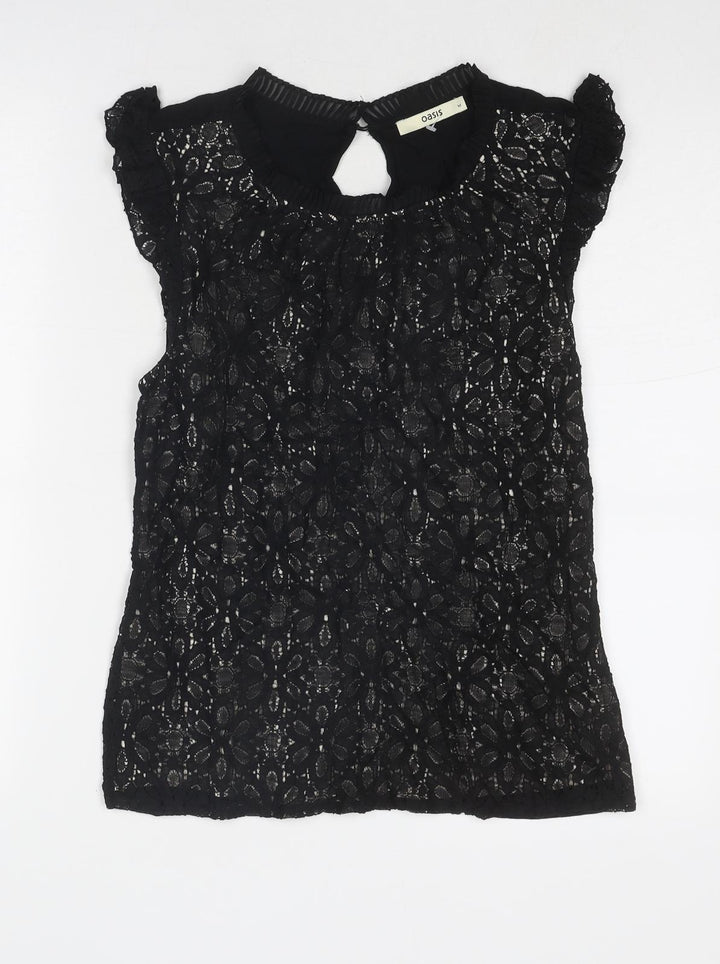 Oasis Womens Black Geometric Cotton Basic Tank Size M Round Neck