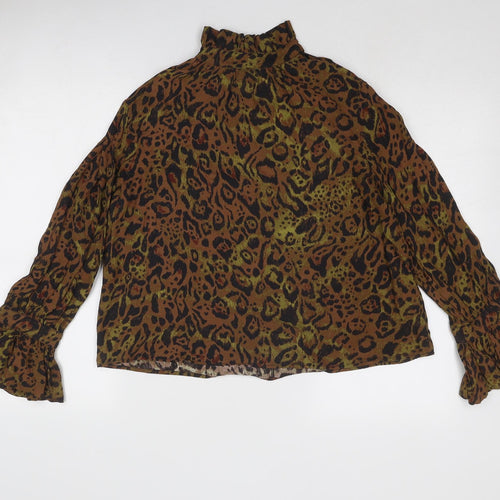 H&M Womens Brown Animal Print Viscose Basic Blouse Size S High Neck