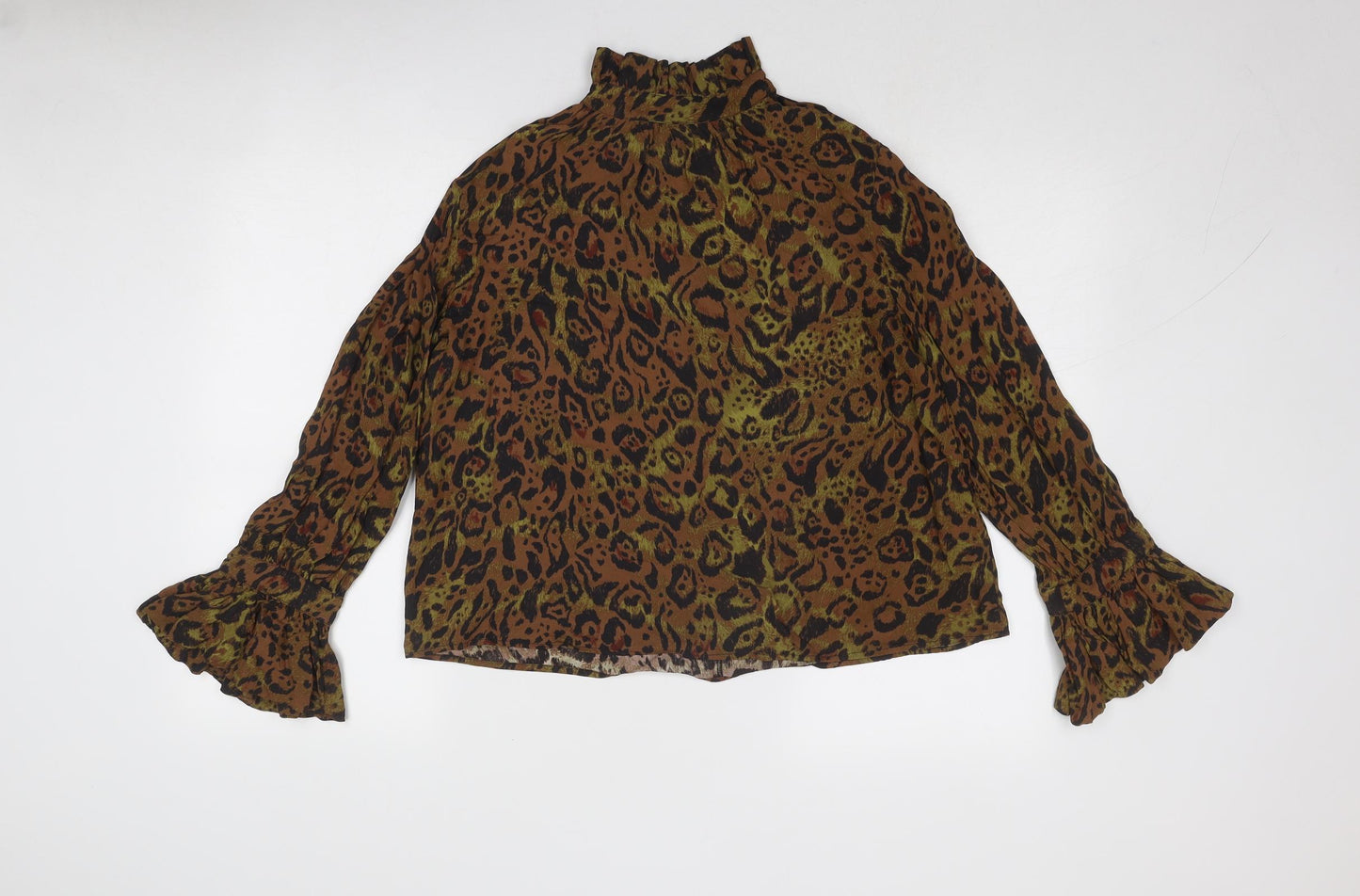 H&M Womens Brown Animal Print Viscose Basic Blouse Size S High Neck