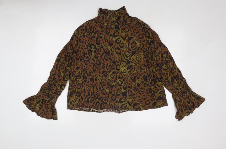 H&M Womens Brown Animal Print Viscose Basic Blouse Size S High Neck