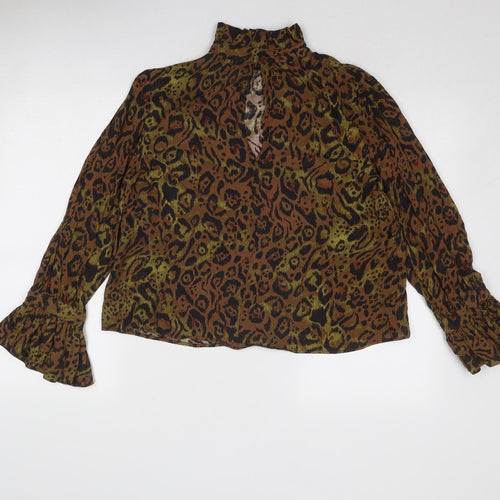 H&M Womens Brown Animal Print Viscose Basic Blouse Size S High Neck