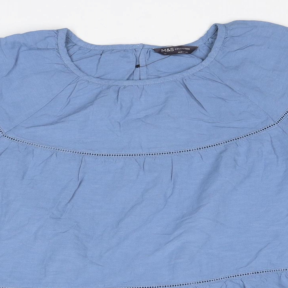 Marks and Spencer Womens Blue Viscose Basic Blouse Size 14 Round Neck