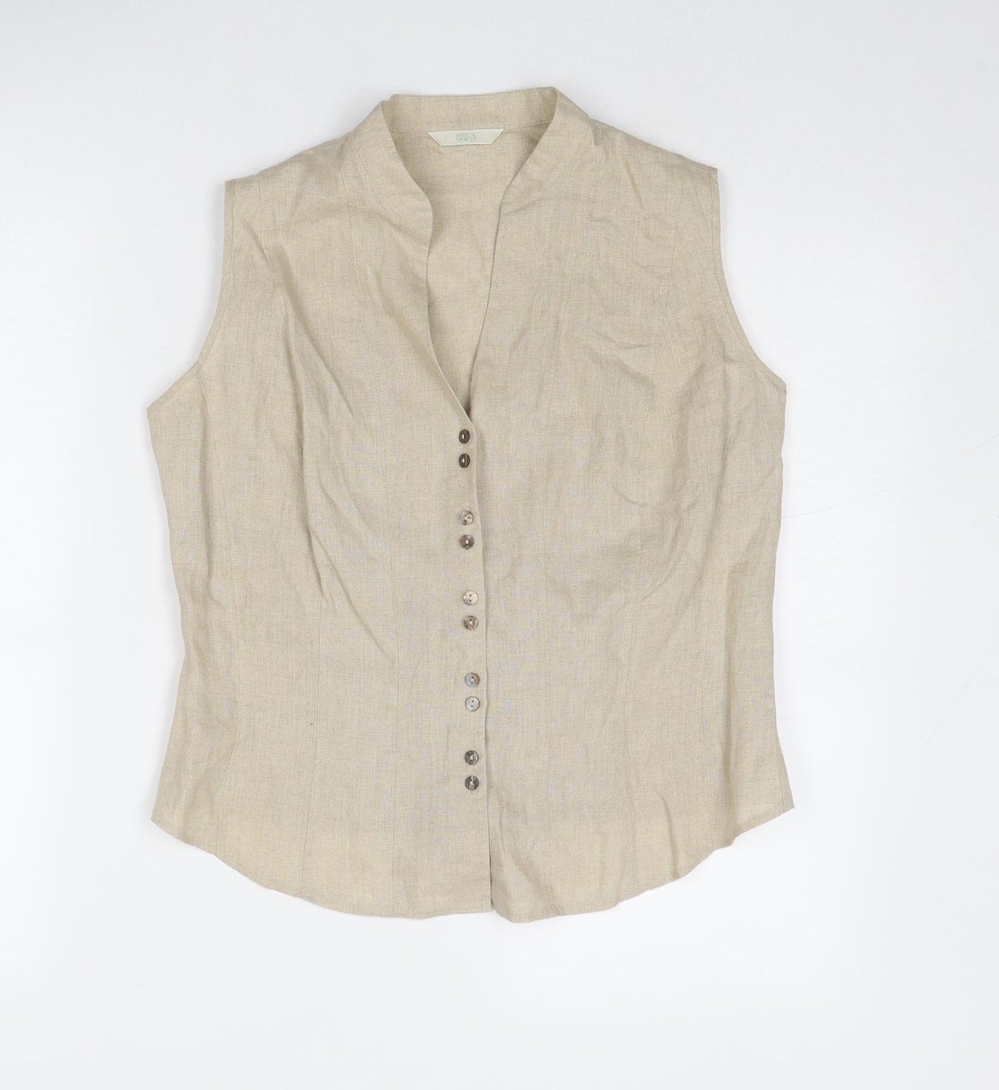 Marks and Spencer Womens Beige Linen Basic Button-Up Size 16 V-Neck - Lace Up Detail
