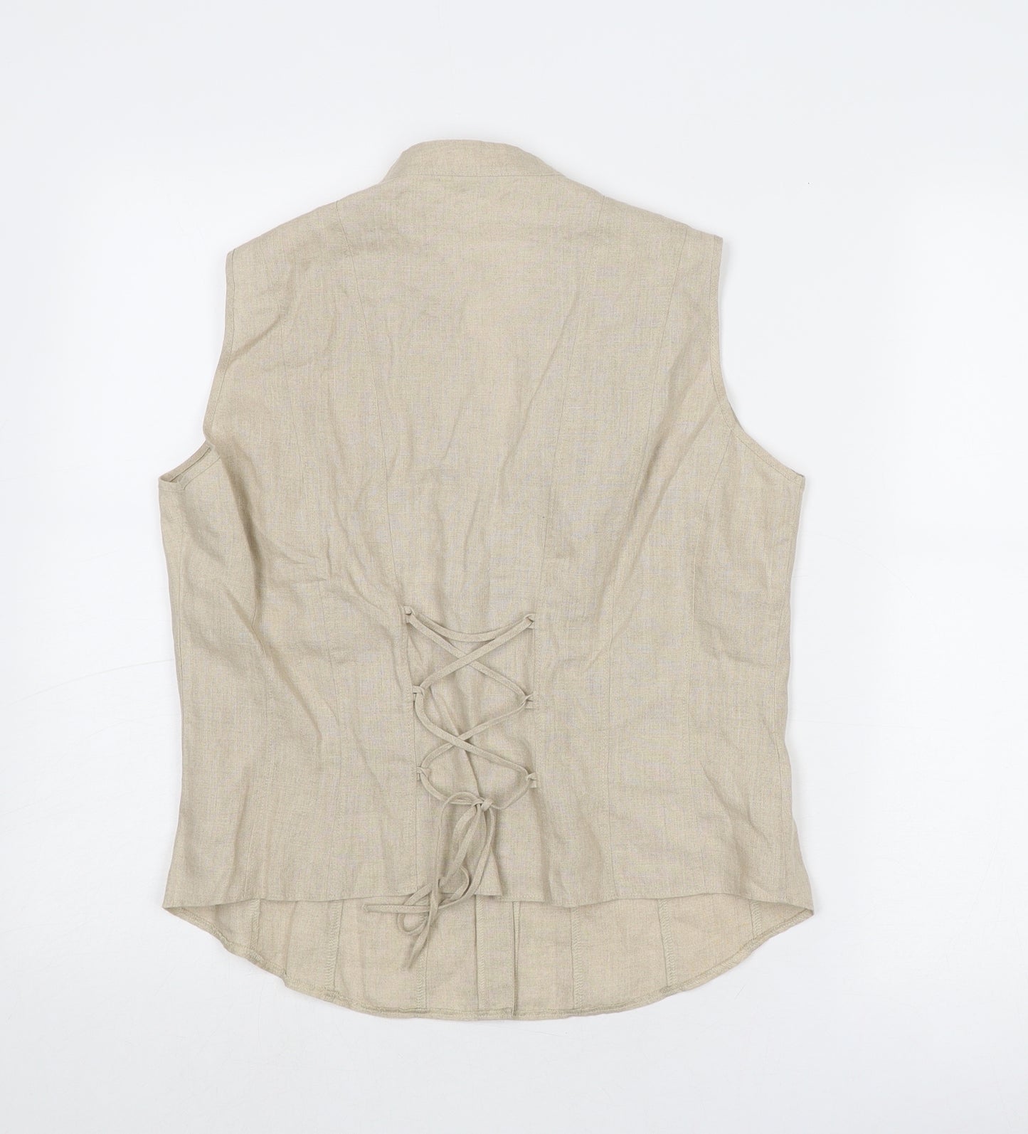 Marks and Spencer Womens Beige Linen Basic Button-Up Size 16 V-Neck - Lace Up Detail