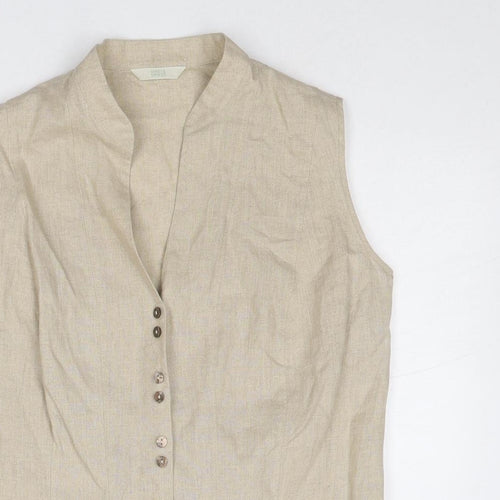 Marks and Spencer Womens Beige Linen Basic Button-Up Size 16 V-Neck - Lace Up Detail