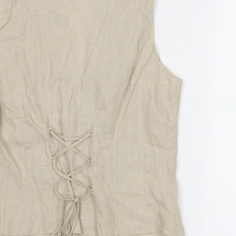 Marks and Spencer Womens Beige Linen Basic Button-Up Size 16 V-Neck - Lace Up Detail