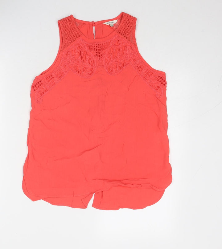 River Island Womens Pink Viscose Basic Tank Size 10 Round Neck - Crocheted Lace Detail