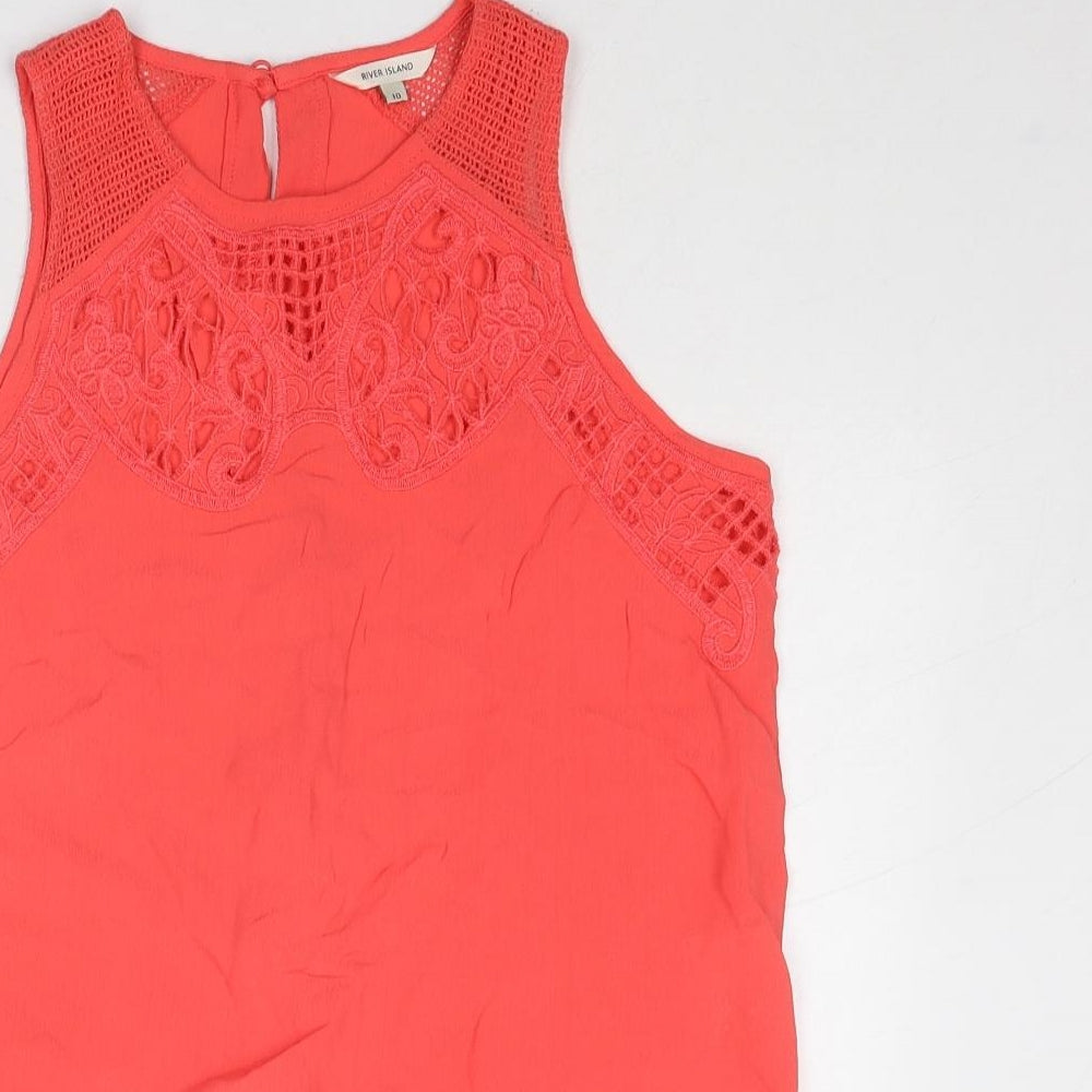 River Island Womens Pink Viscose Basic Tank Size 10 Round Neck - Crocheted Lace Detail