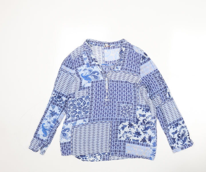 Esprit Womens Blue Paisley Viscose Basic Blouse Size 10 V-Neck